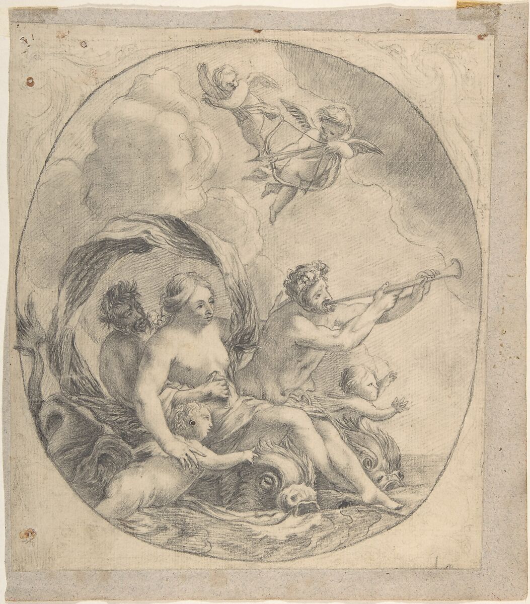 The Triumph of Galatea, Anonymous, Spanish, School of Seville, 17th century, Black chalk. Oval composition outlined in black chalk, with decorative black chalk elements in four corners outside this line. On light beige paper 