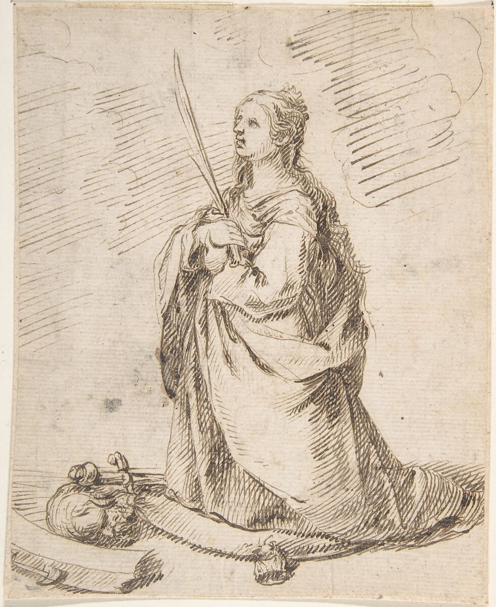Kneeling Figure of Saint Catherine of Alexandria, Anonymous, Spanish, School of Seville, 17th century, Pen and dark brown ink. On off-white paper 