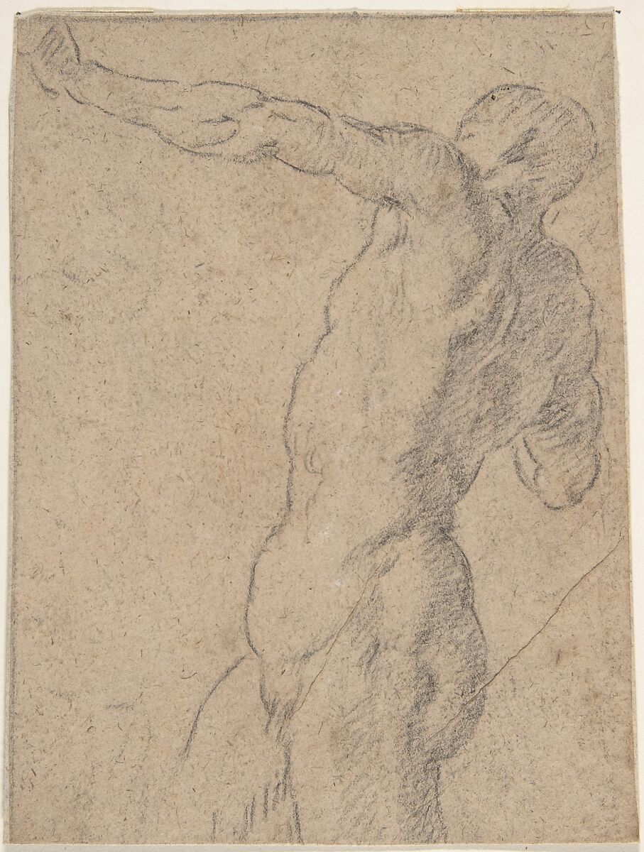 Life Study of Standing Male Nude in Three-Quarter Length, Anonymous, Spanish, School of Seville, 17th century, Black chalk, small traces of white chalk (?) highlighting on light brown paper; traces of black chalk framing outline 