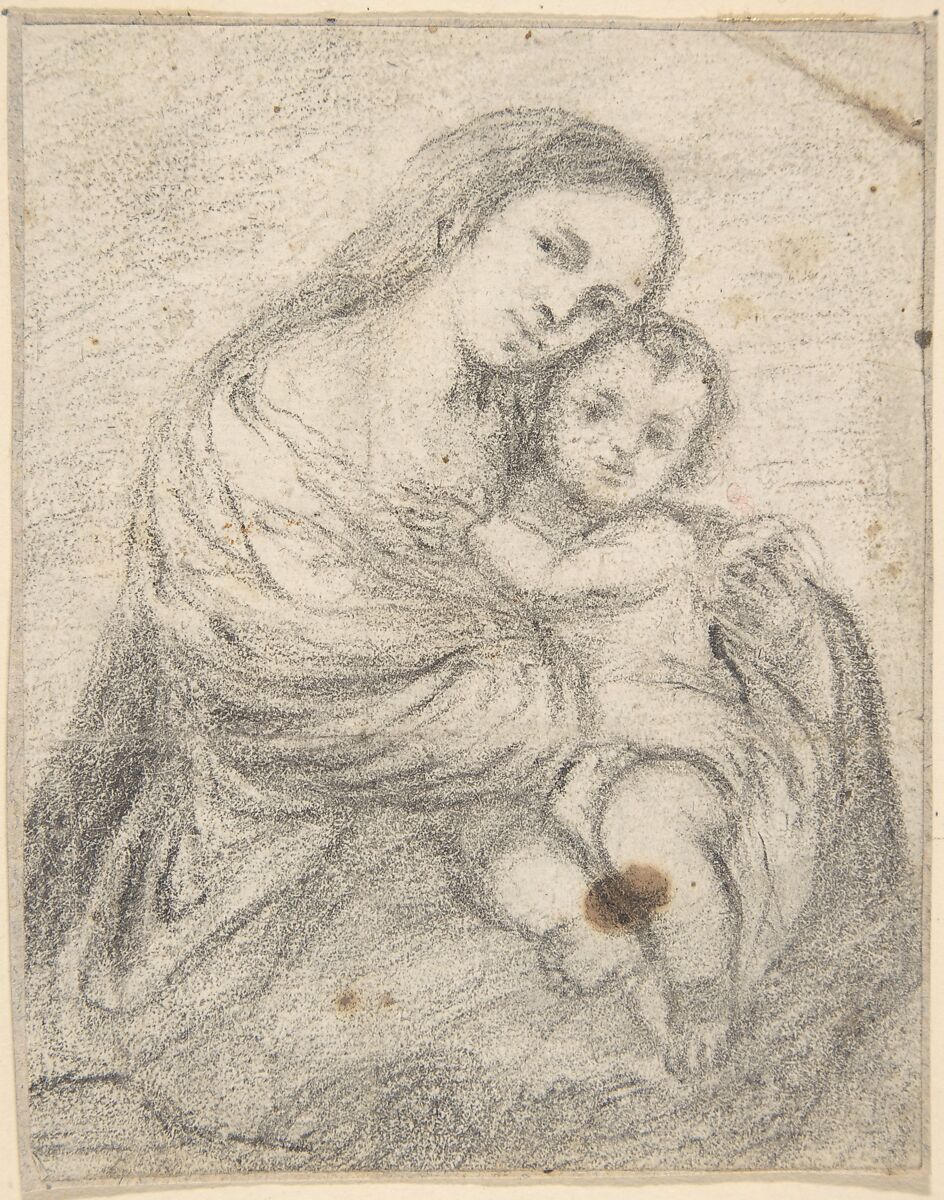 Madonna and Child, Anonymous, Spanish, School of Seville, 17th century, Black chalk. On off-white paper 