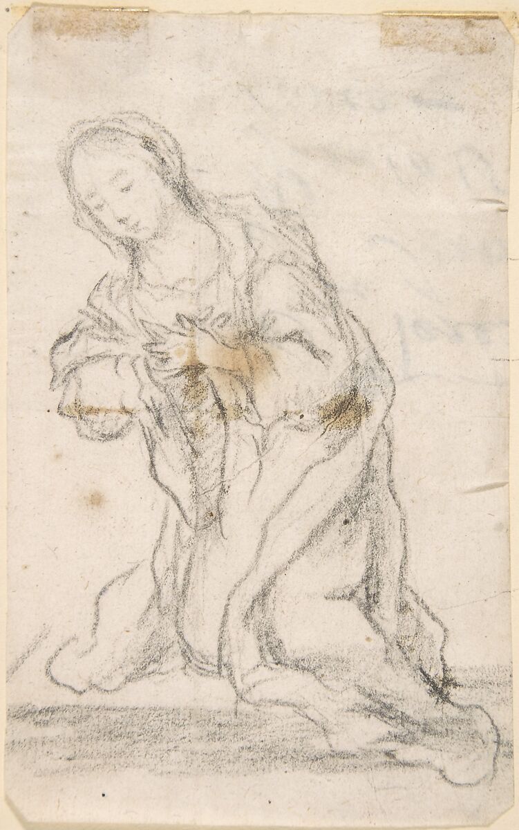 Kneeling Virgin (Virgin Annunciate) (recto); Writing (verso), Anonymous, Spanish, School of Seville, 17th century, Black chalk (recto). On off-white paper. Writing in black chalk by artist (verso) 