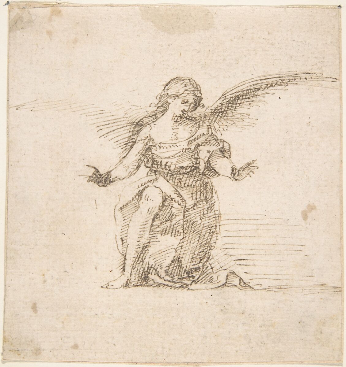 Kneeling Angel With Hands Outstretched, Attributed to Pedro  Duque Cornejo (Spanish, 1677–1757), Pen and dark brown ink on off-white paper 