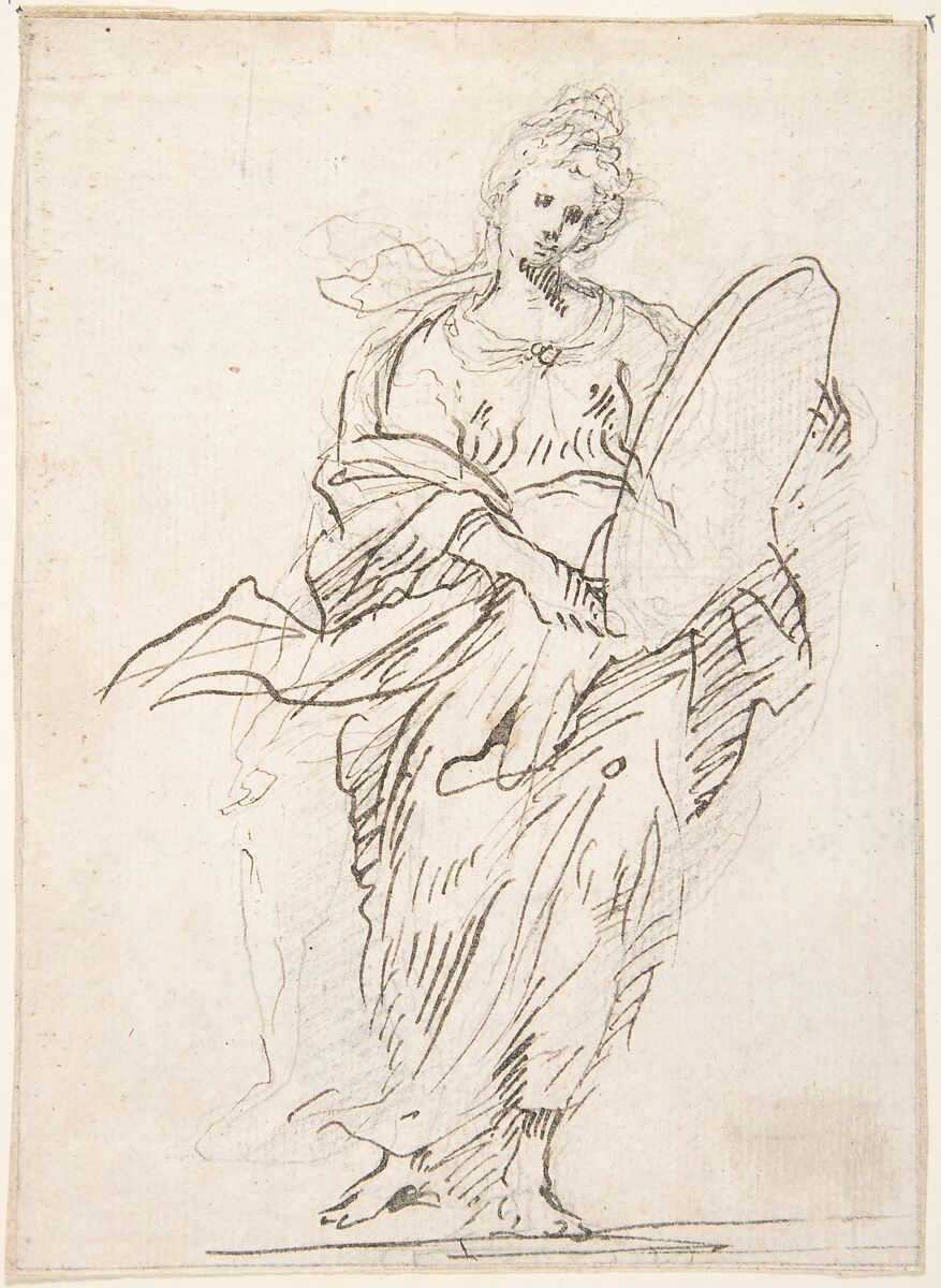 Standing Female Figure with Large Medallion, Attributed to Pedro  Duque Cornejo (Spanish, 1677–1757), Pen and dark brown ink over black chalk underdrawing; composition outlined in black chalk. On off-white paper 