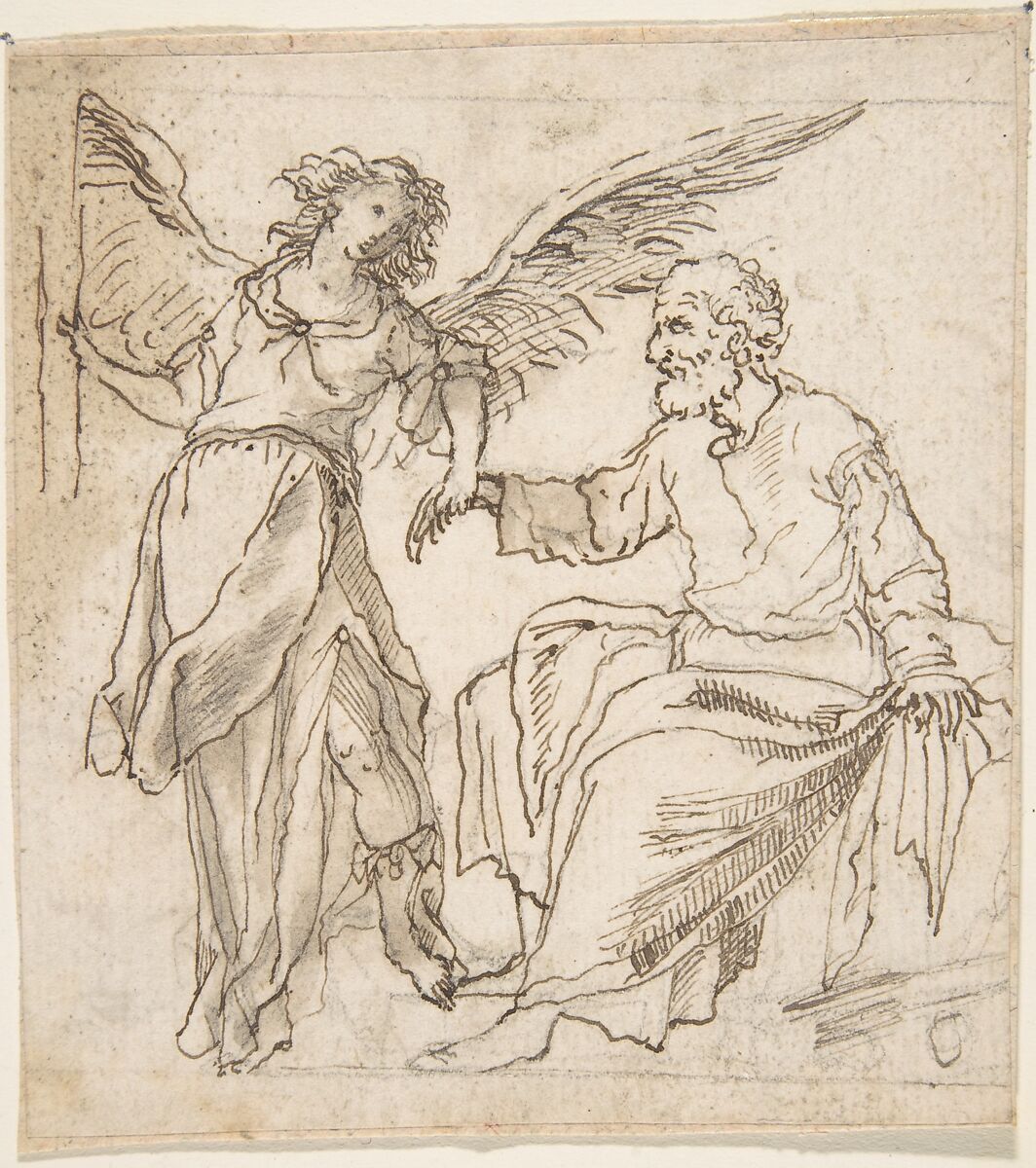 Angel Leading Saint Peter out of Prison (?), Anonymous, Spanish, School of Seville, 17th century, Pen and dark brown ink with brush and gray-brown wash over black chalk underdrawing; lines at top and bottom or sheet in black chalk. On off-white paper 