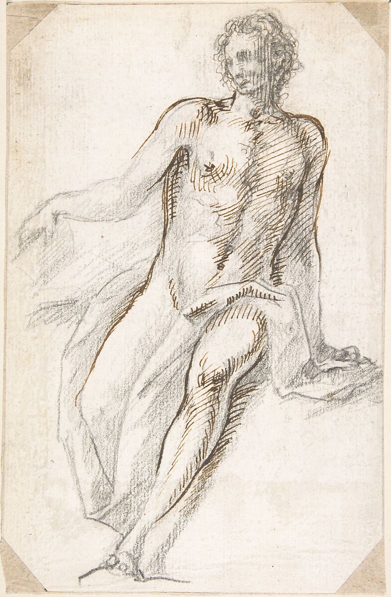 Seated Male Nude with Open Book, Attributed to Pedro  Duque Cornejo (Spanish, 1677–1757), Black chalk partly reinforced with pen and dark brown ink; black chalk lines along right and left borders of sheet. On ivory paper 