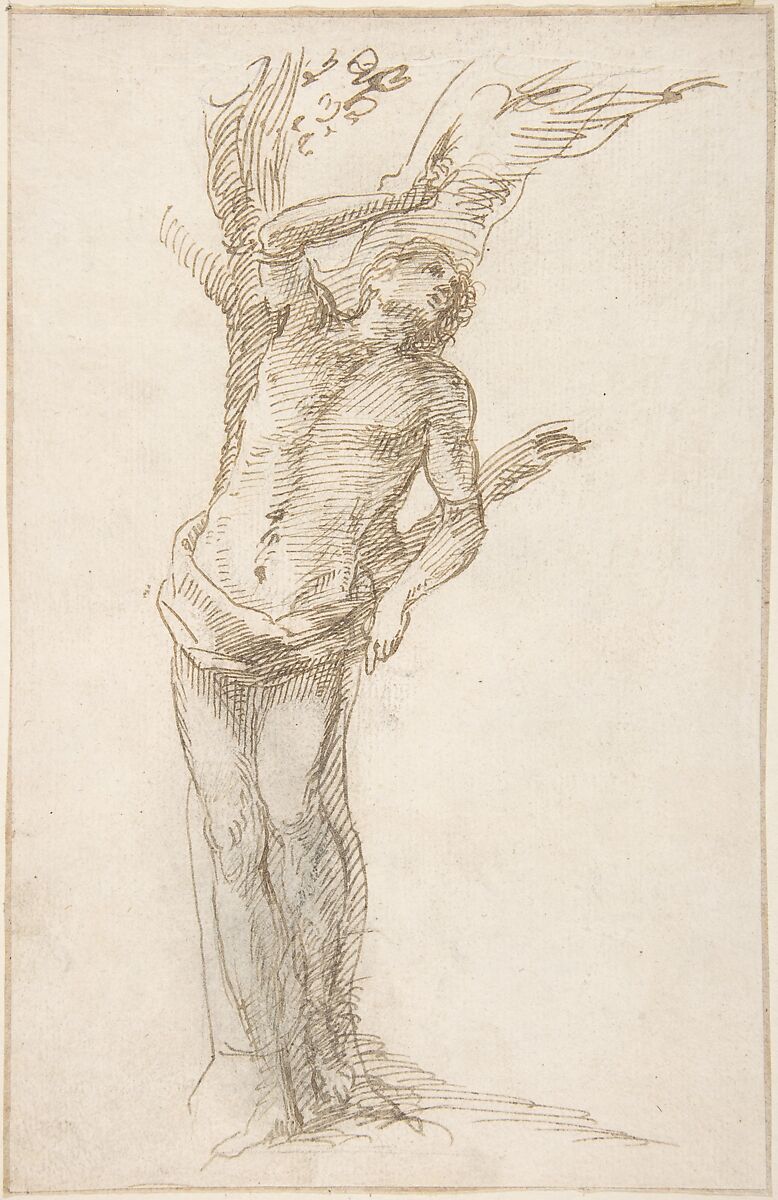 Saint Sebastian (?) Tied to a Tree, Attributed to Pedro  Duque Cornejo (Spanish, 1677–1757), Pen and light brown ink over black chalk underdrawing. On off-white paper 