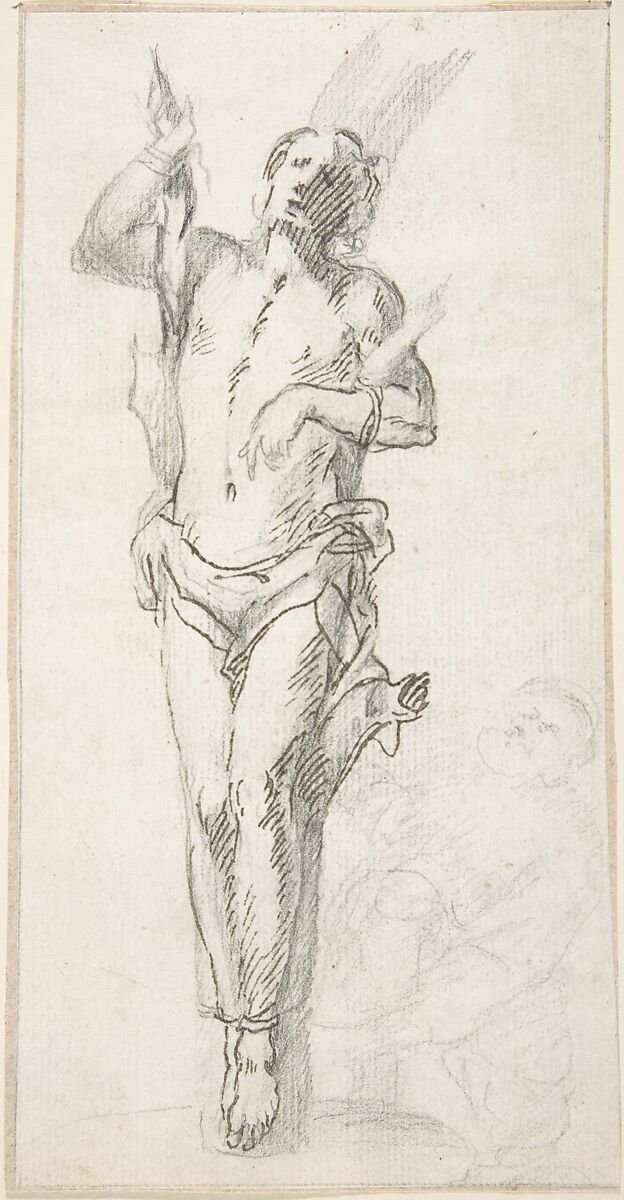Saint Sebastian, Attributed to Pedro  Duque Cornejo (Spanish, 1677–1757), Black chalk underdrawing reinforced with pen and dark brown ink; composition outlined in black chalk. On ivory paper 