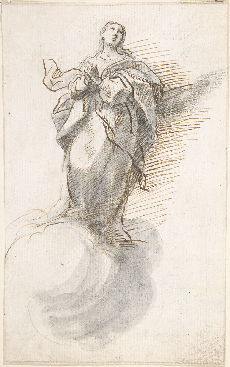 Virgin of the Immaculate Conception Standing on Clouds, Attributed to Pedro  Duque Cornejo (Spanish, 1677–1757), Pen and dark brown ink, with brush and gray wash, over black chalk underdrawing. On off-white paper 