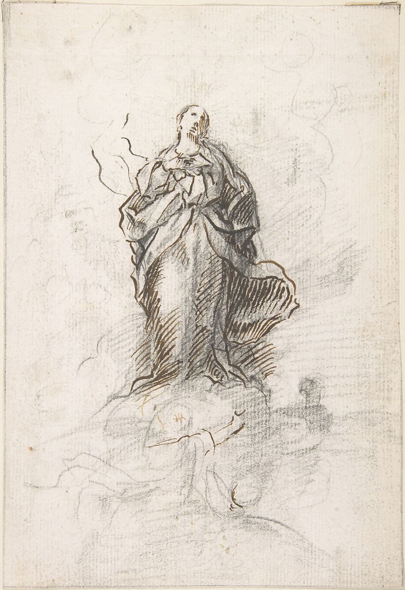 Virgin of the Immaculate Conception Standing on Clouds, Attributed to Pedro  Duque Cornejo (Spanish, 1677–1757), Black chalk reinforced with pen and dark brown ink; composition outlined with black chalk. On off-white paper 