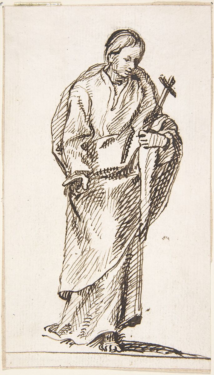 Standing Figure Holding Cross, Attributed to Pedro  Duque Cornejo (Spanish, 1677–1757), Pen and dark brown ink over some traces of black chalk underdrawing; ground line drawn with pen and dark brown ink. On ivory paper 