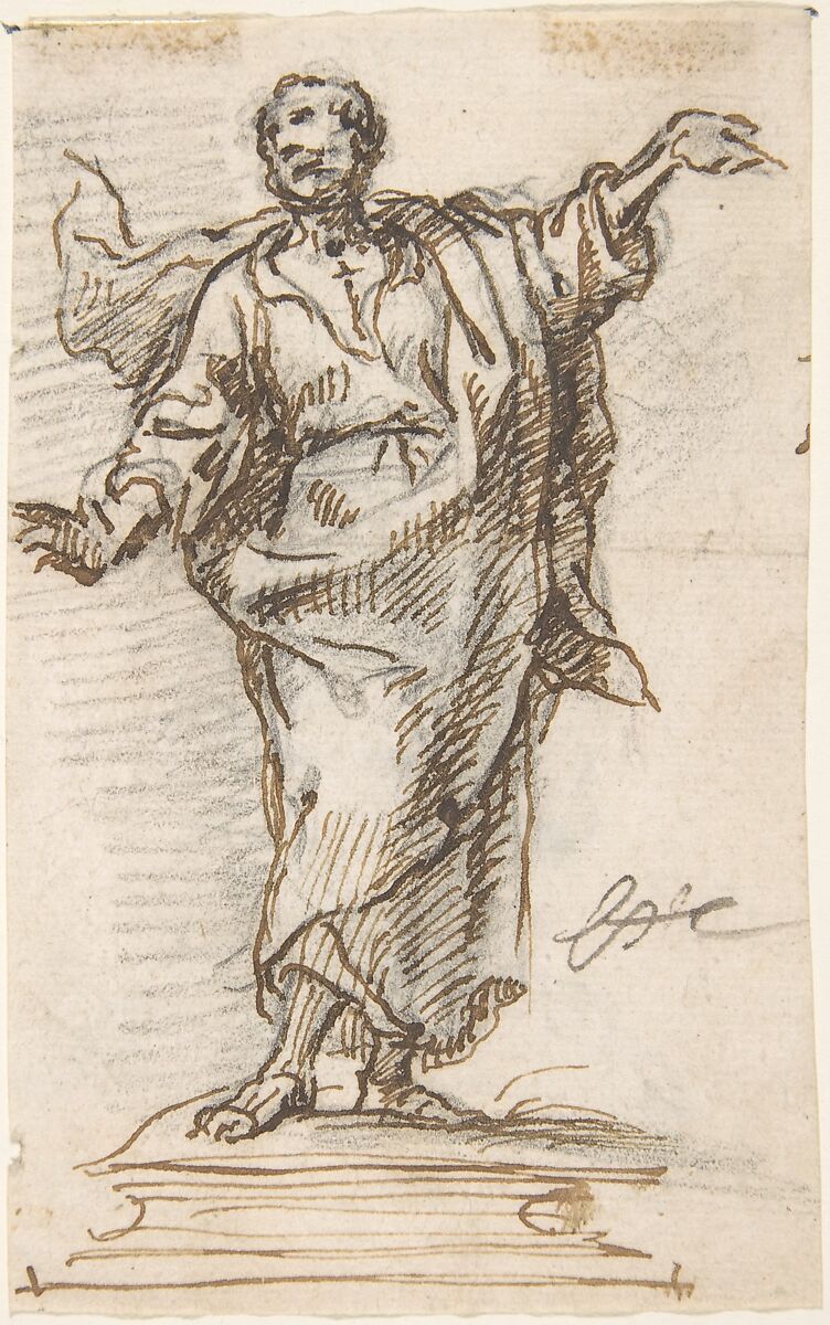 Male Saint (an Apostle?) Standing on a Pedestal with Arms Extended (recto); Standing or Kneeling Male Saint (verso), Attributed to Pedro  Duque Cornejo (Spanish, 1677–1757), Pen and dark brown ink over black chalk underdrawing (recto); black chalk drawing in the same hand (verso). On off-white paper 