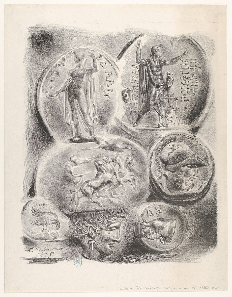 Studies of Seven Greek Coins, Eugène Delacroix (French, Charenton-Saint-Maurice 1798–1863 Paris), Lithograph; first state of five 