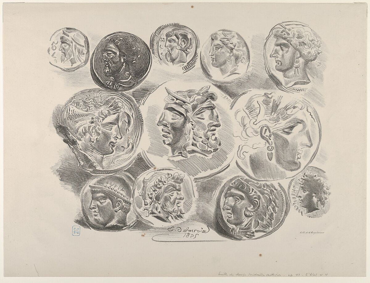 Studies of Twelve Greek and Roman Coins, Eugène Delacroix (French, Charenton-Saint-Maurice 1798–1863 Paris), Lithograph; second state of four 