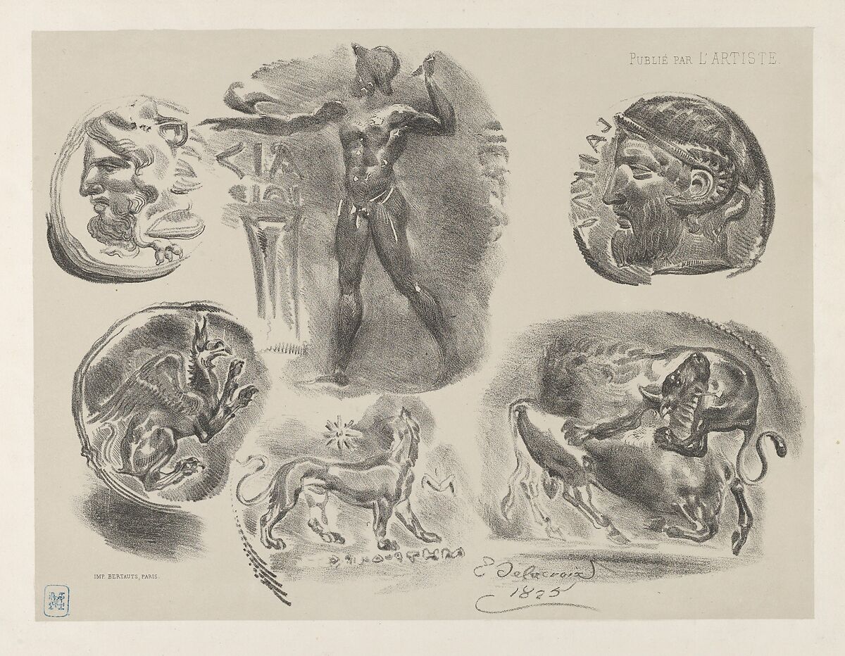 Studies of Six Greek Coins, Eugène Delacroix (French, Charenton-Saint-Maurice 1798–1863 Paris), Lithograph; third state of four 