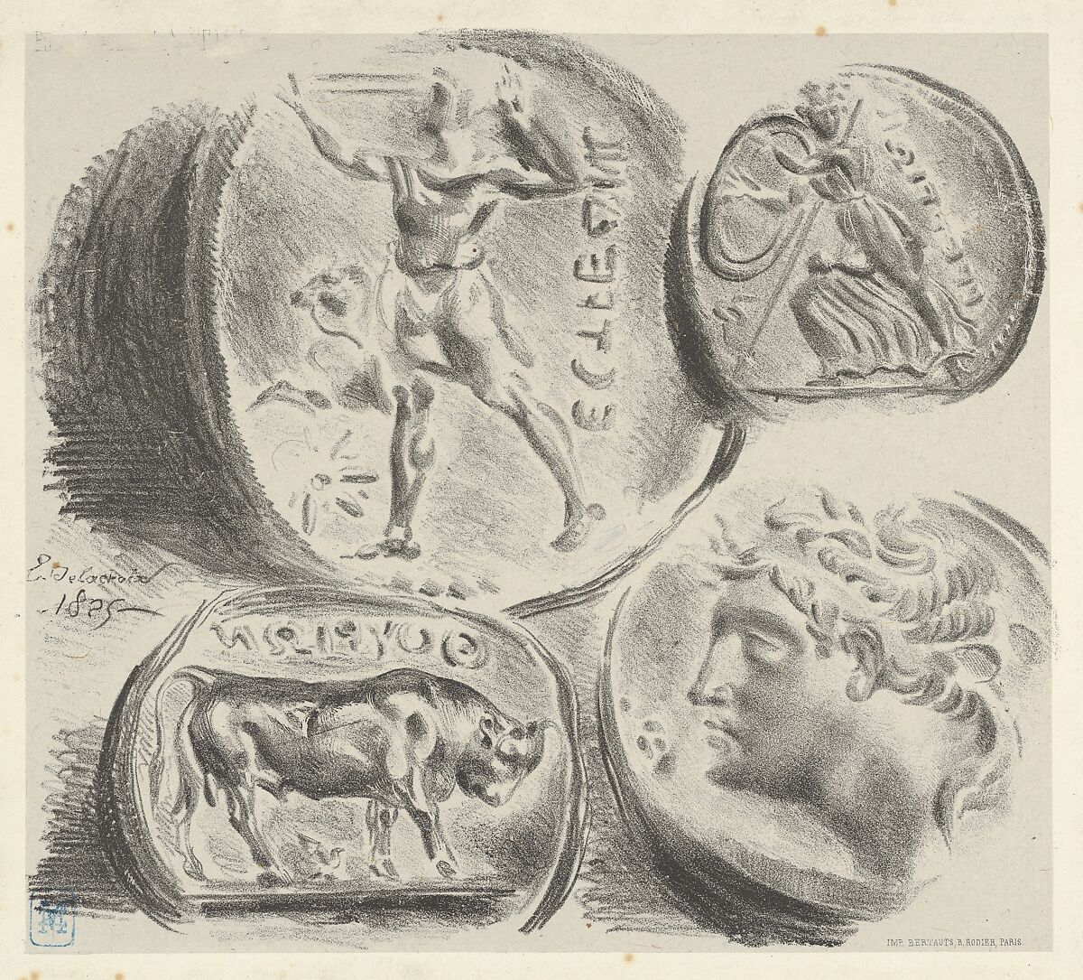 Studies of Four Greek Coins, Eugène Delacroix (French, Charenton-Saint-Maurice 1798–1863 Paris), Lithograph; fourth and final state 