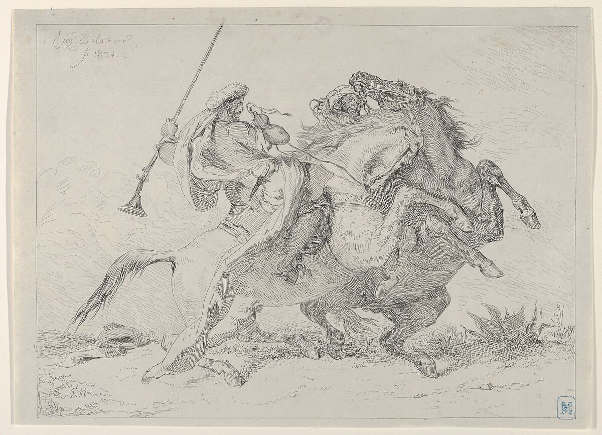 Collision of Moorish Horsemen, After Eugène Delacroix (French, Charenton-Saint-Maurice 1798–1863 Paris), Etching; only state 