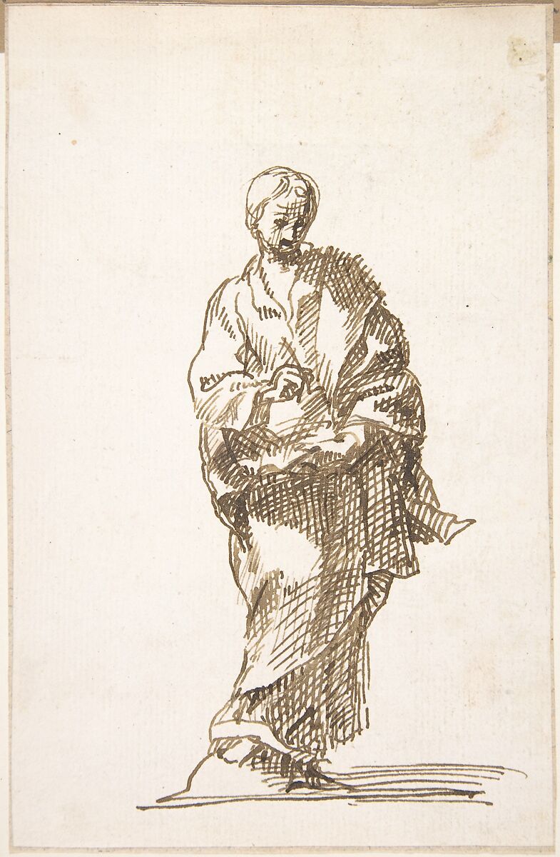 Standing Figure of an Evangelist, Attributed to Pedro  Duque Cornejo (Spanish, 1677–1757), Pen and dark brown ink on ivory paper 