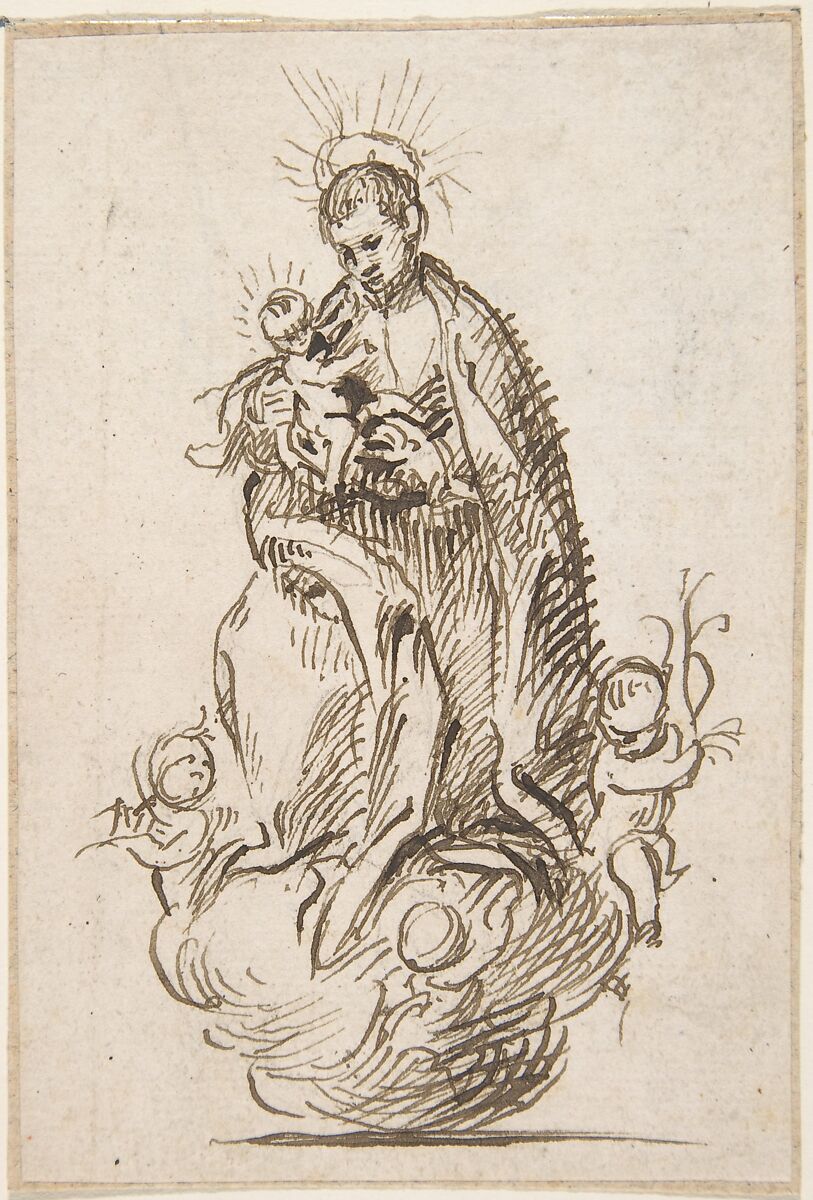 Male Saint (Stanisław Kostka?) standing on clouds supported by putti, holding infant Christ, Attributed to Pedro  Duque Cornejo (Spanish, 1677–1757), Pen and dark brown ink over traces of black chalk underdrawing; ground line drawn in pen and dark brown ink. On off-white paper 