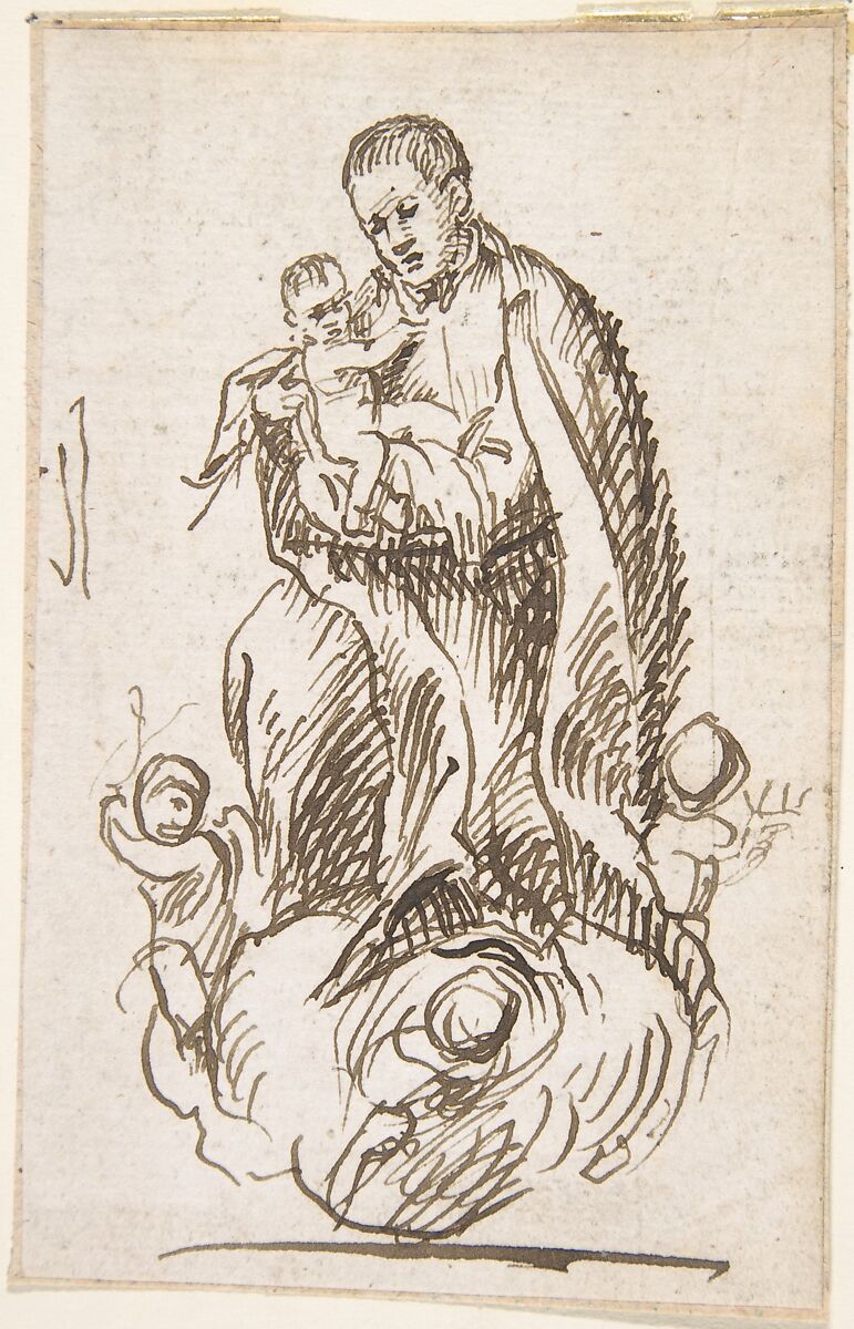 Male Saint (Stanisław Kostka?) standing on clouds supported by putti, holding infant Christ, Attributed to Pedro  Duque Cornejo (Spanish, 1677–1757), Pen and dark brown ink with ground line in same. On off-white paper 