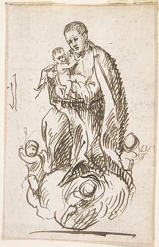 Male Saint (Stanisław Kostka?) standing on clouds supported by putti, holding infant Christ