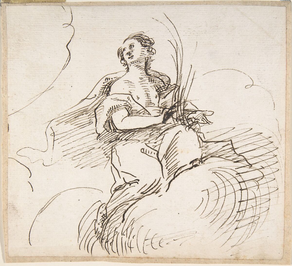 Angel with Palm Seated on Clouds, Attributed to Pedro  Duque Cornejo (Spanish, 1677–1757), Pen and dark brown ink. On off-white paper 