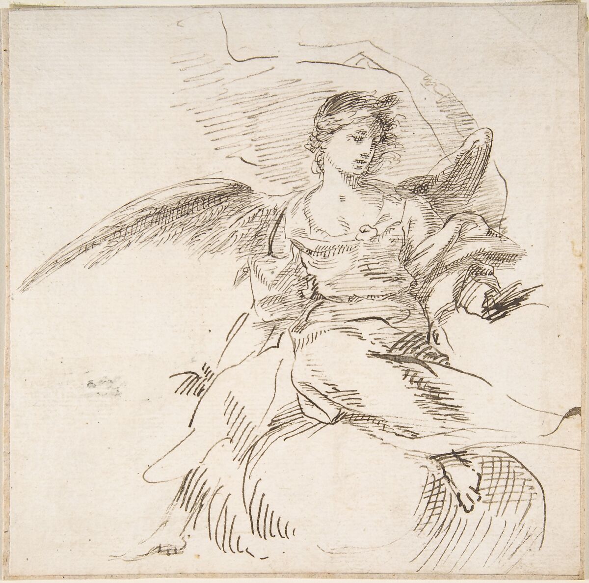 Angel Seated on Clouds, Attributed to Pedro  Duque Cornejo (Spanish, 1677–1757), Pen and dark brown ink. On off-white paper 