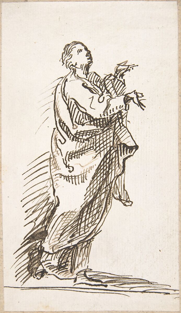Standing Saint (Apostle?), Attributed to Pedro  Duque Cornejo (Spanish, 1677–1757), Pen and dark brown ink. On ivory paper 