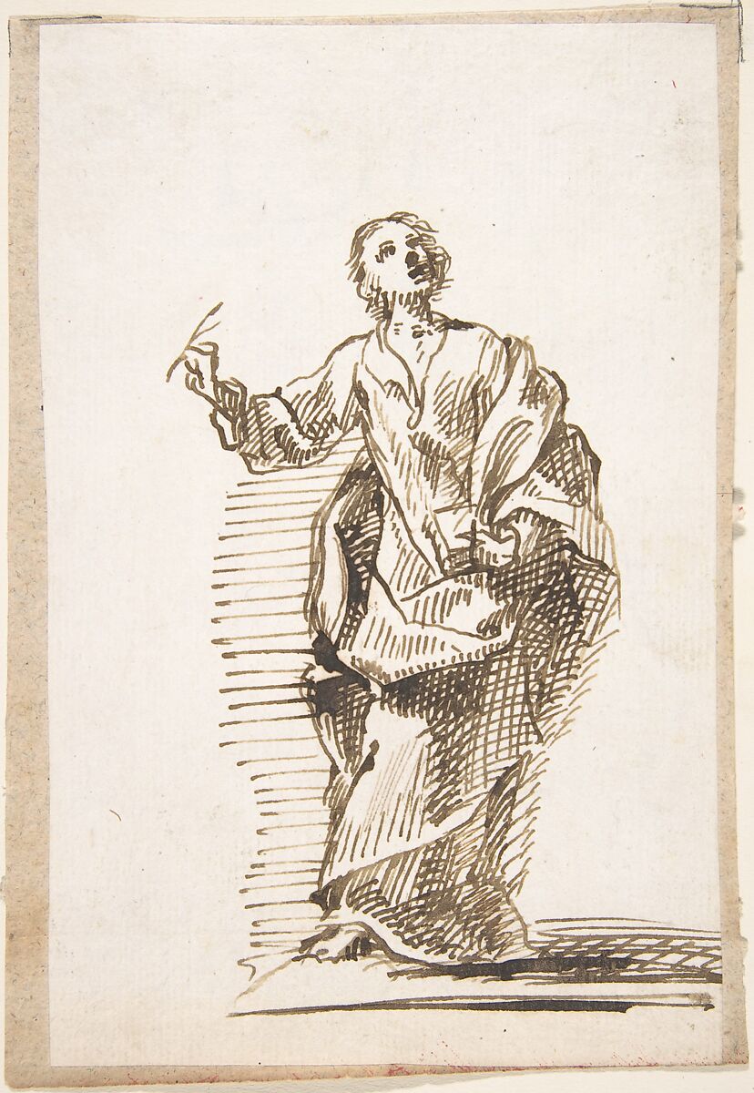 Standing Male Figure, Attributed to Pedro  Duque Cornejo (Spanish, 1677–1757), Pen and dark brown ink. On ivory paper 