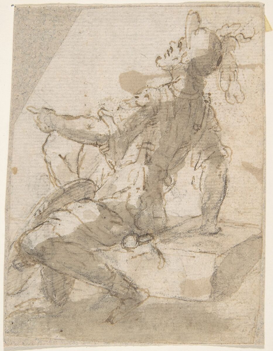 Startled Figure of a Soldier Seated on a Block, Anonymous, Spanish, School of Seville, 17th century, Pen and light brown ink with brush and light brown wash over black chalk underdrawing. On off-white paper 