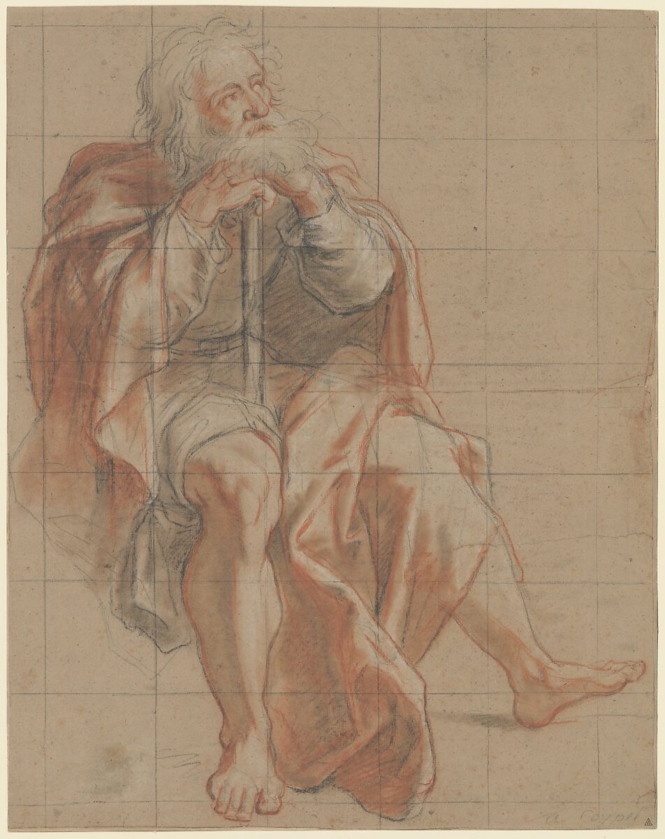 Seated Old Man Holding a Staff, Antoine Coypel (French, Paris 1661–1722 Paris), Red and black chalk, stumped, heightened with white chalk, on beige paper; squared in black chalk 