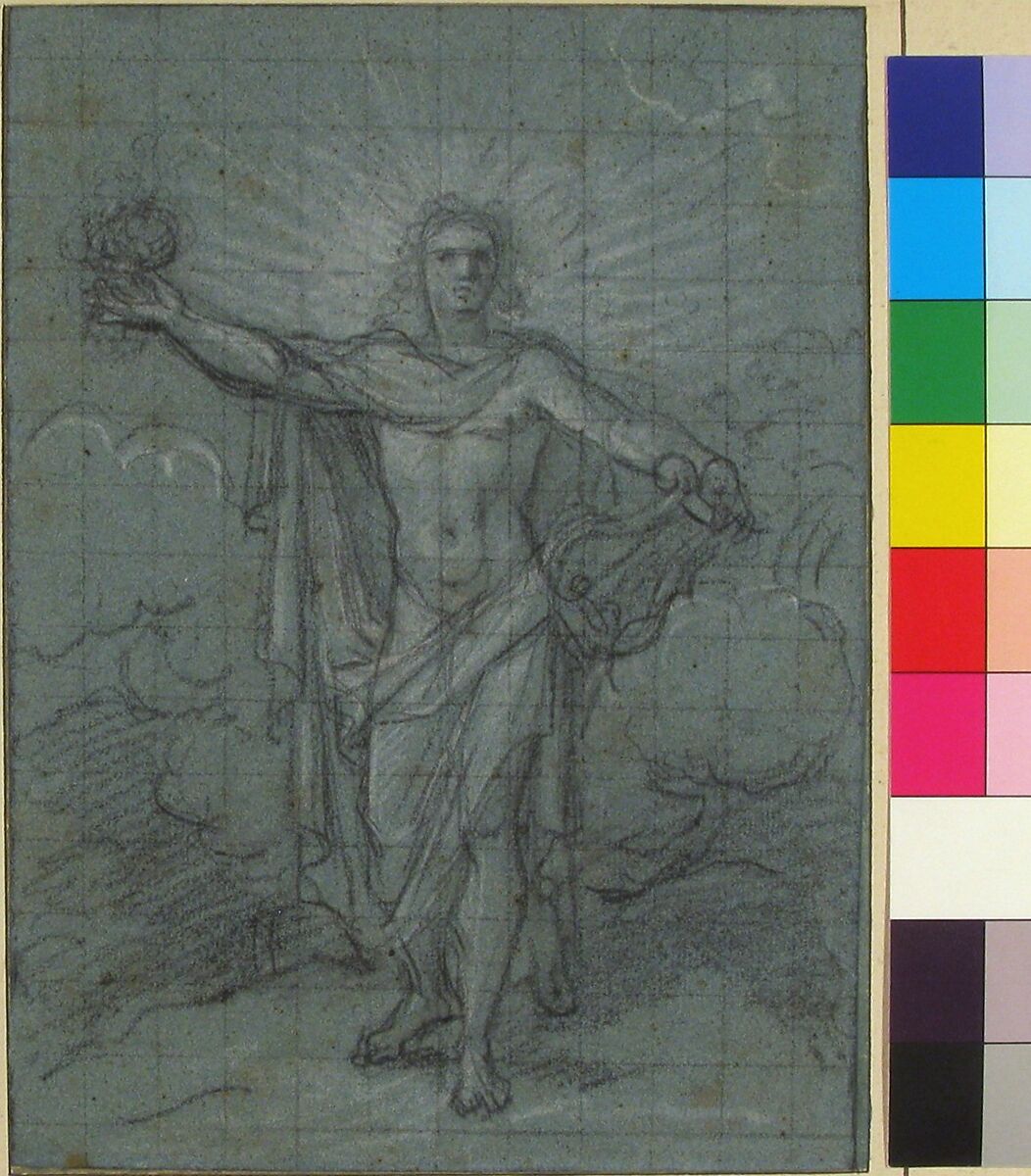 Standing Figure of Apollo, Antoine Coypel (French, Paris 1661–1722 Paris), Black and white chalk; squared in black chalk
