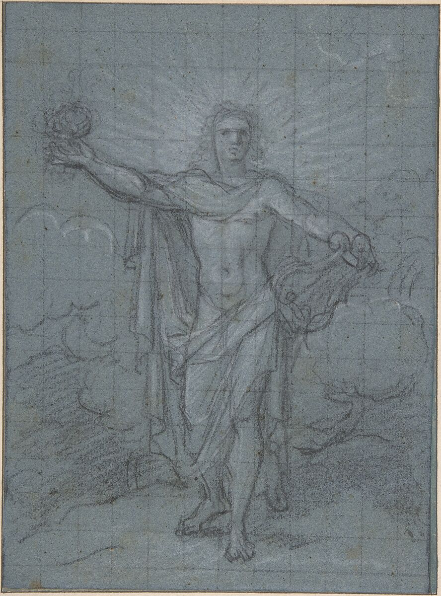 Standing Figure of Apollo, Antoine Coypel (French, Paris 1661–1722 Paris), Black and white chalk on blue paper; squared for transfer in black chalk 
