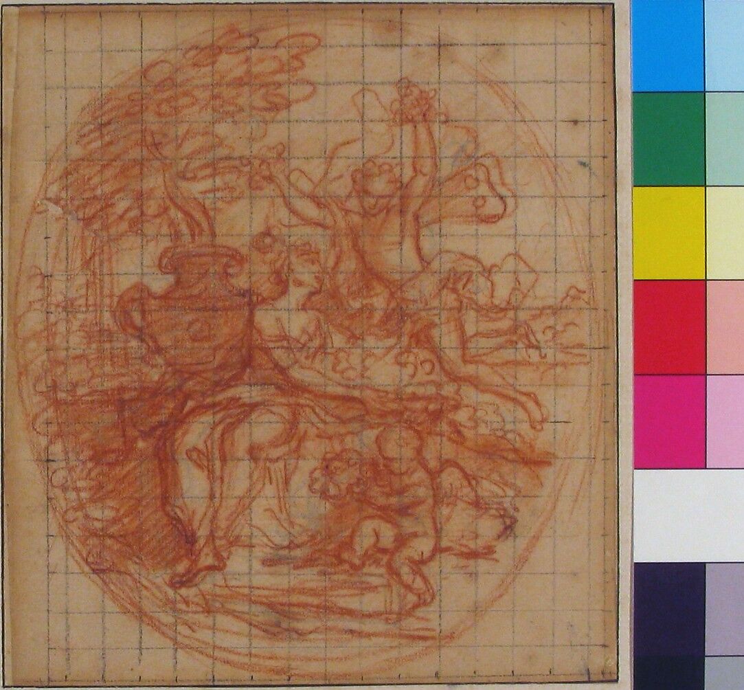 Zephyr and Flora, Antoine Coypel (French, Paris 1661–1722 Paris), Red chalk, over graphite; squared in black chalk