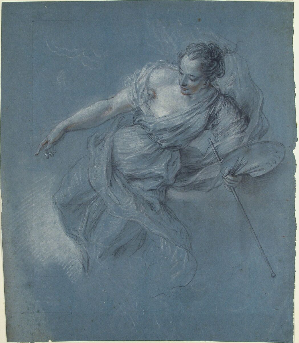 Allegorical Figure of Painting, Charles Antoine Coypel (French, Paris 1694–1752 Paris), Black, white, and touches of red chalk on blue paper; squared in black chalk