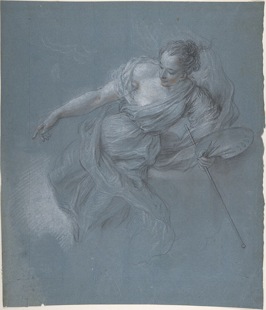 Allegorical Figure of Painting, Charles Antoine Coypel (French, Paris 1694–1752 Paris), Black, white, and touches of red chalk on blue paper; squared in black chalk 
