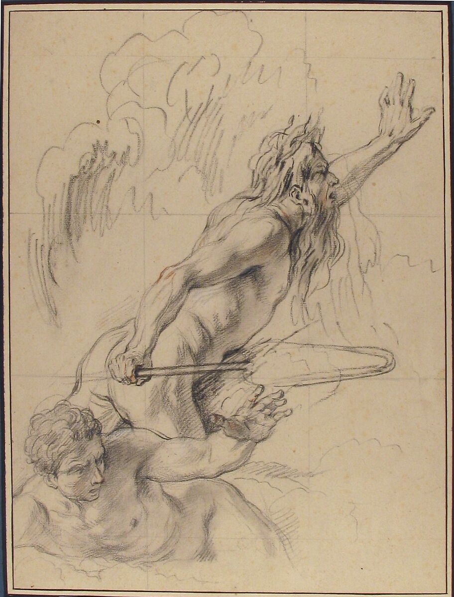 River God and Another Male Figure, Charles Antoine Coypel (French, Paris 1694–1752 Paris), Black chalk (stumped) with touches of red chalk, heightened with white; squared in black chalk; framing lines in pen and brown ink