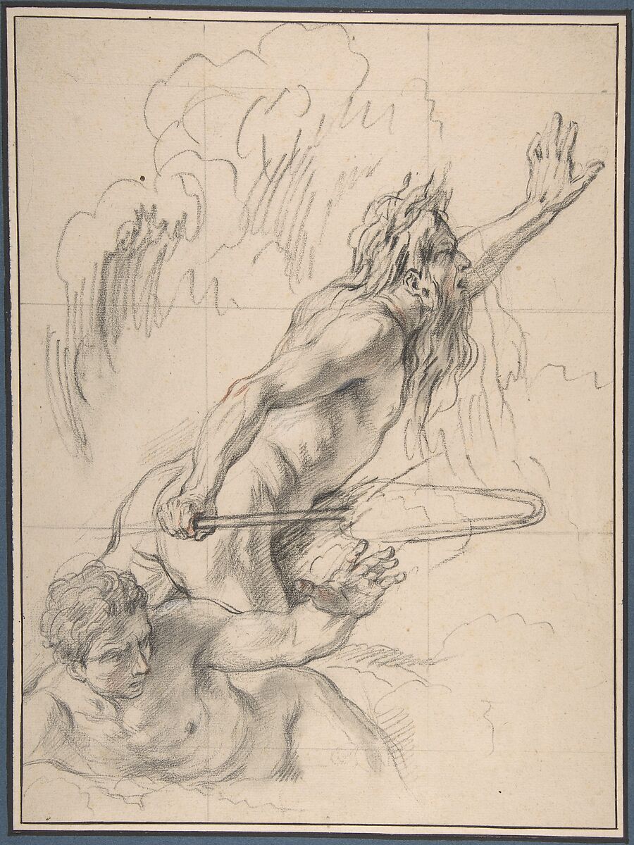 River God and Another Male Figure, Charles Antoine Coypel (French, Paris 1694–1752 Paris), Black chalk (stumped) with touches of red chalk, heightened with white; squared in black chalk; framing lines in pen and brown ink 