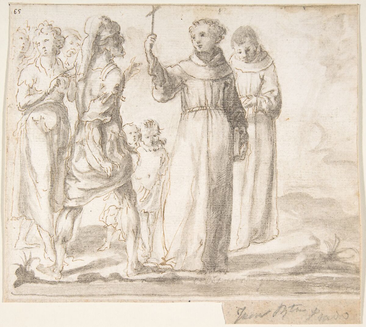 Figure of Monk Preaching to a Group of Figures, Anonymous, Spanish, School of Seville, 17th century, Pen and light brown ink with brush and brown-gray wash, over black chalk underdrawing. On off-white paper 