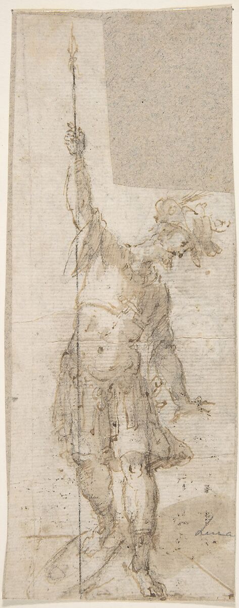 Standing Soldier with a Spear, Anonymous, Spanish, School of Seville, 17th century, Pen and light brown ink with brush and brown wash over black chalk  on off-white paper; spear ruled in black chalk; traces of framing lines in black chalk 