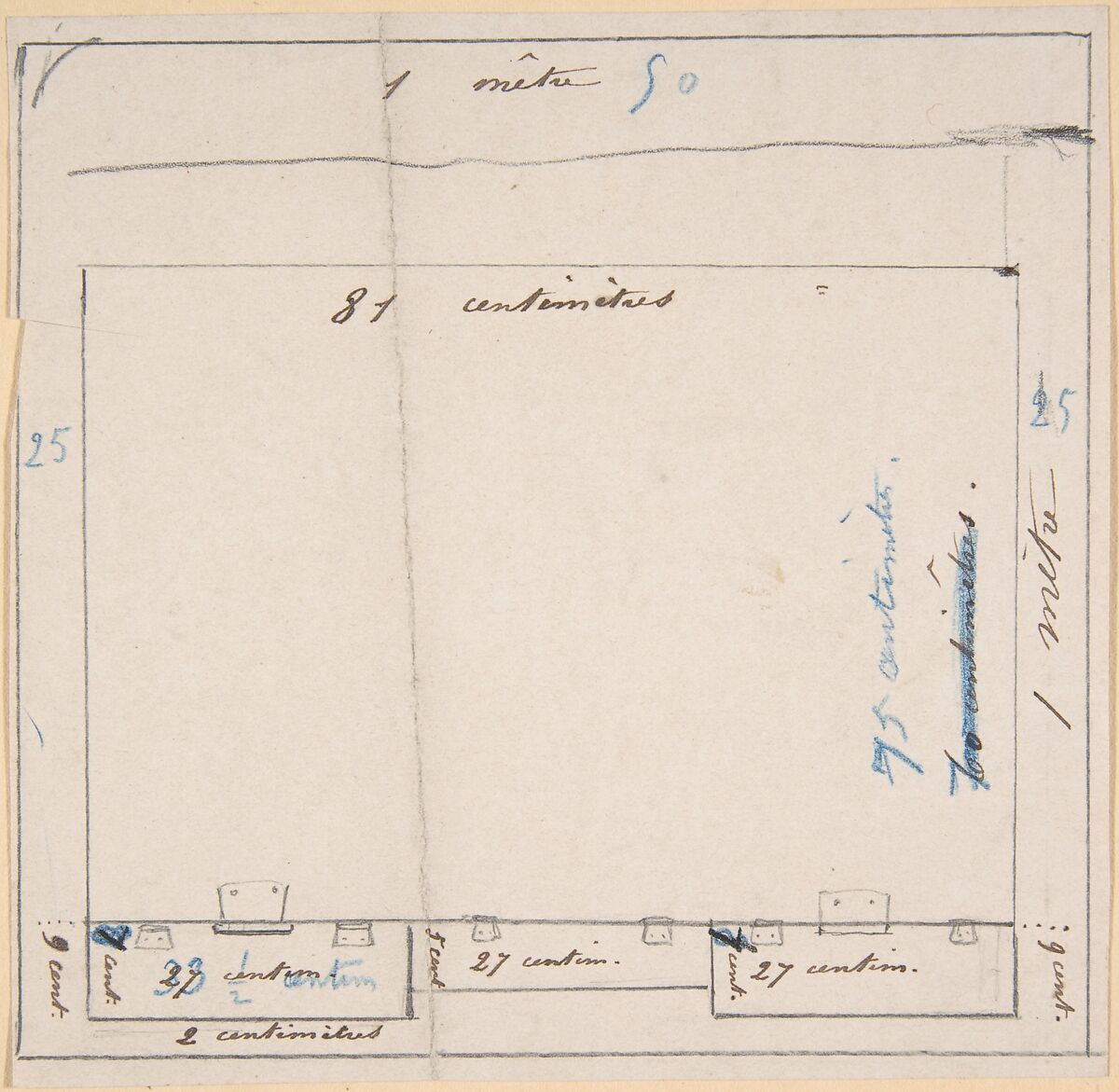 Project for a work table--measurements, Félicien Rops (Belgian, Namur 1833–1898 Essonnes), Graphite and brown ink 