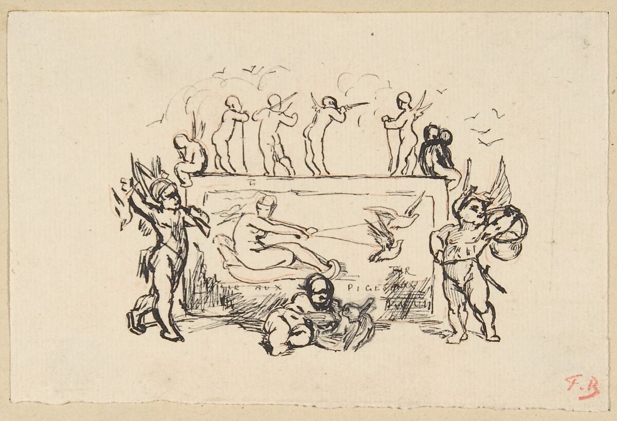 Putti grouped around a rectangular panel, Félicien Rops (Belgian, Namur 1833–1898 Essonnes), Pen and black ink with red highlights 