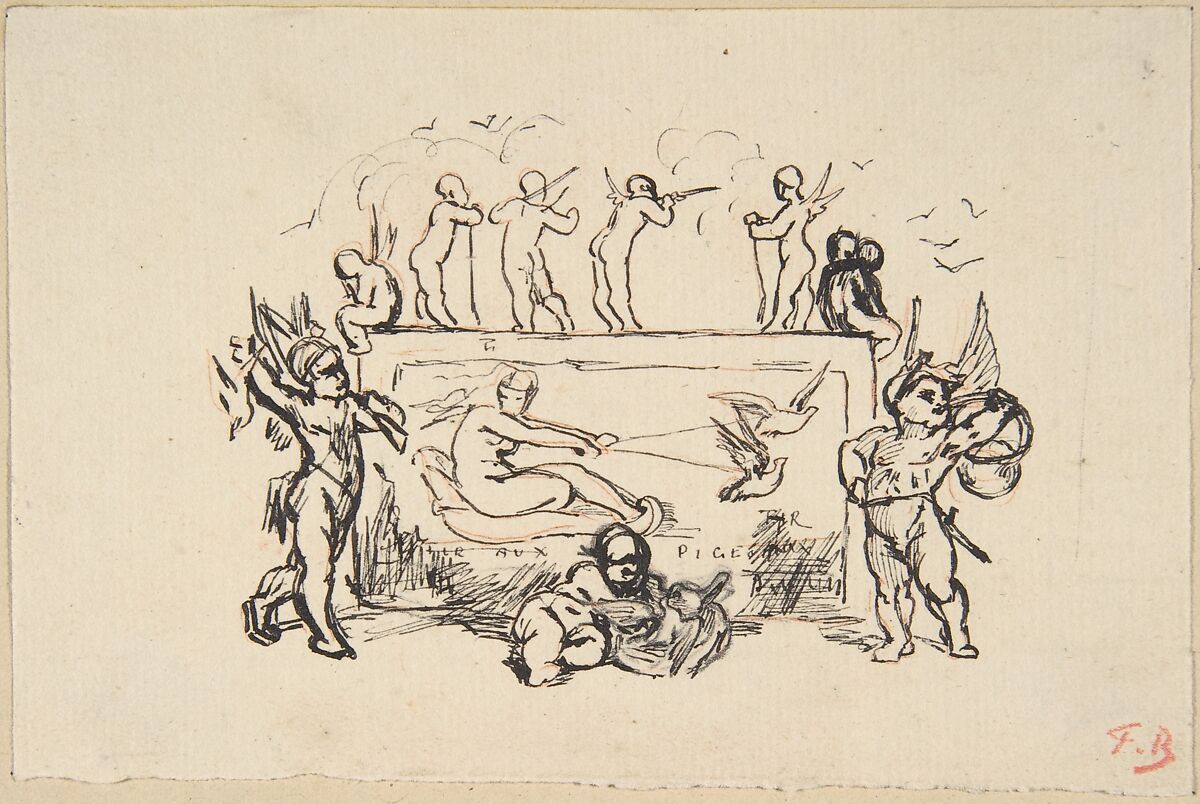 Putti grouped around a rectangular panel, Félicien Rops (Belgian, Namur 1833–1898 Essonnes), Pen and black ink with red highlights