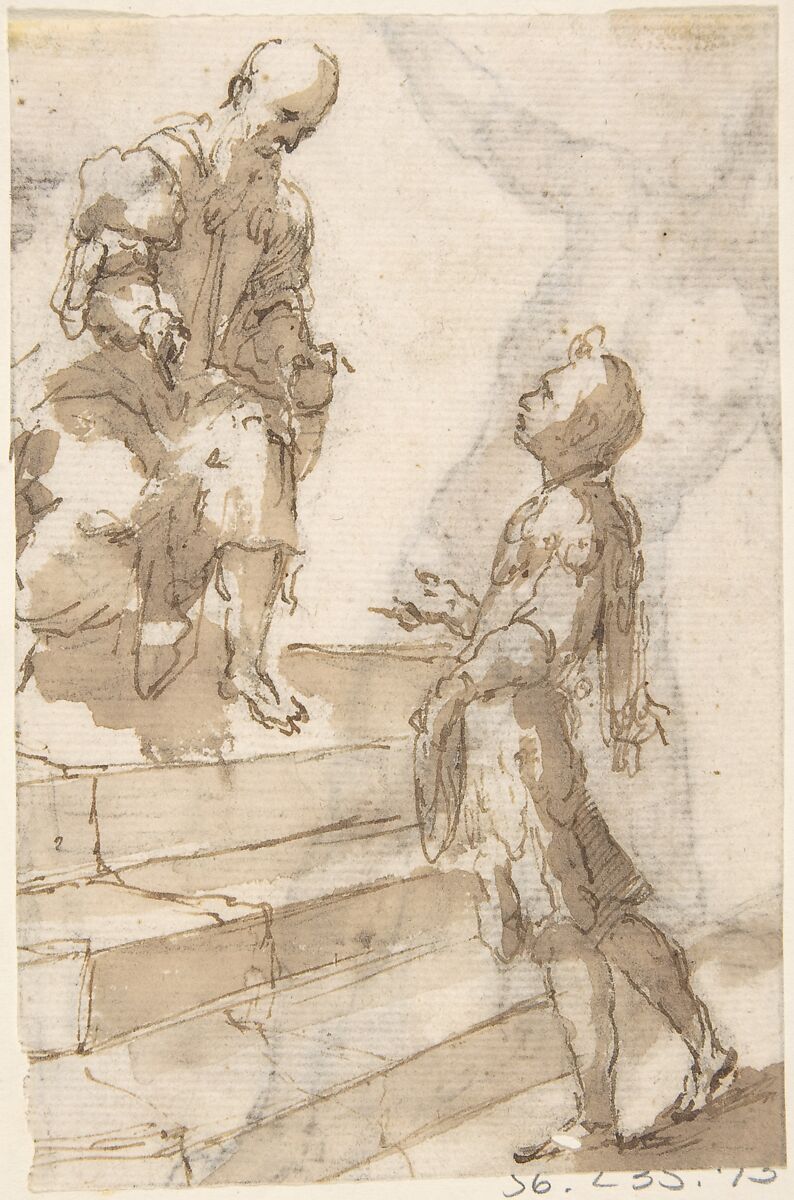 Young Man Approaching Old Bearded Man Who Stands on Steps (recto); Male Nude with Bent Right Knee (verso), Anonymous, Spanish, School of Seville, 17th century, Pen and brown ink with brush and brown wash, over black chalk underdrawing (recto). On off-white paper. Pen and brown ink with brush and brown wash over black chalk underdrawing (verso) 