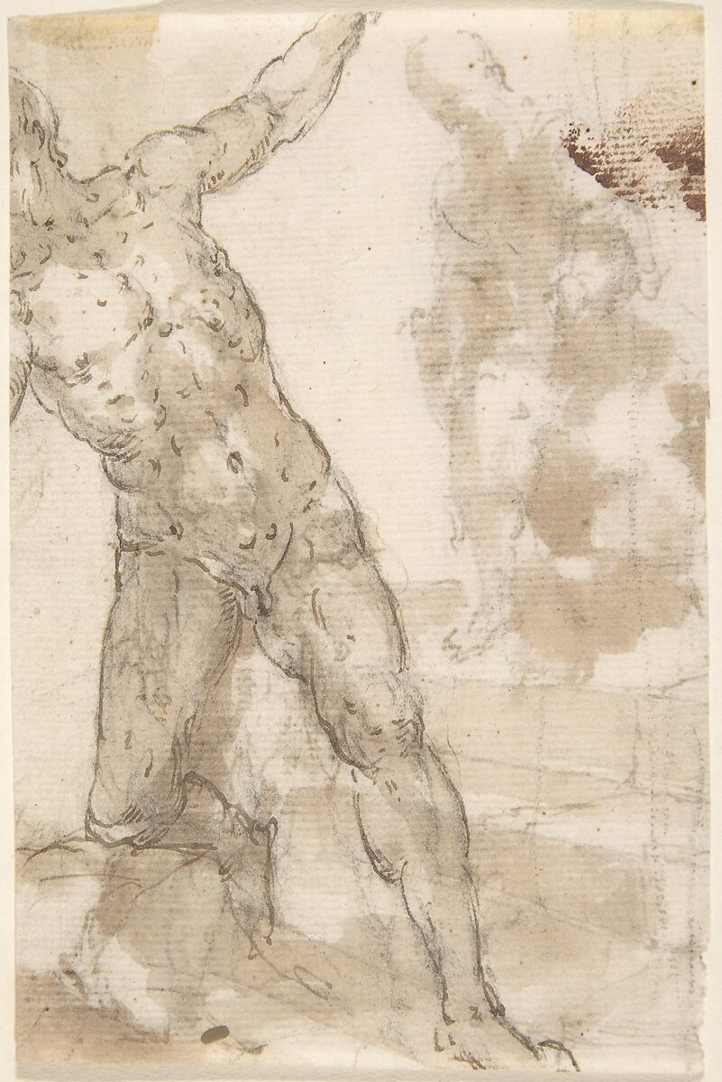 Young Man Approaching Old Bearded Man Who Stands on Steps (recto); Male Nude with Bent Right Knee (verso), Anonymous, Spanish, School of Seville, 17th century, Pen and brown ink with brush and brown wash, over black chalk underdrawing (recto). On off-white paper. Pen and brown ink with brush and brown wash over black chalk underdrawing (verso)
