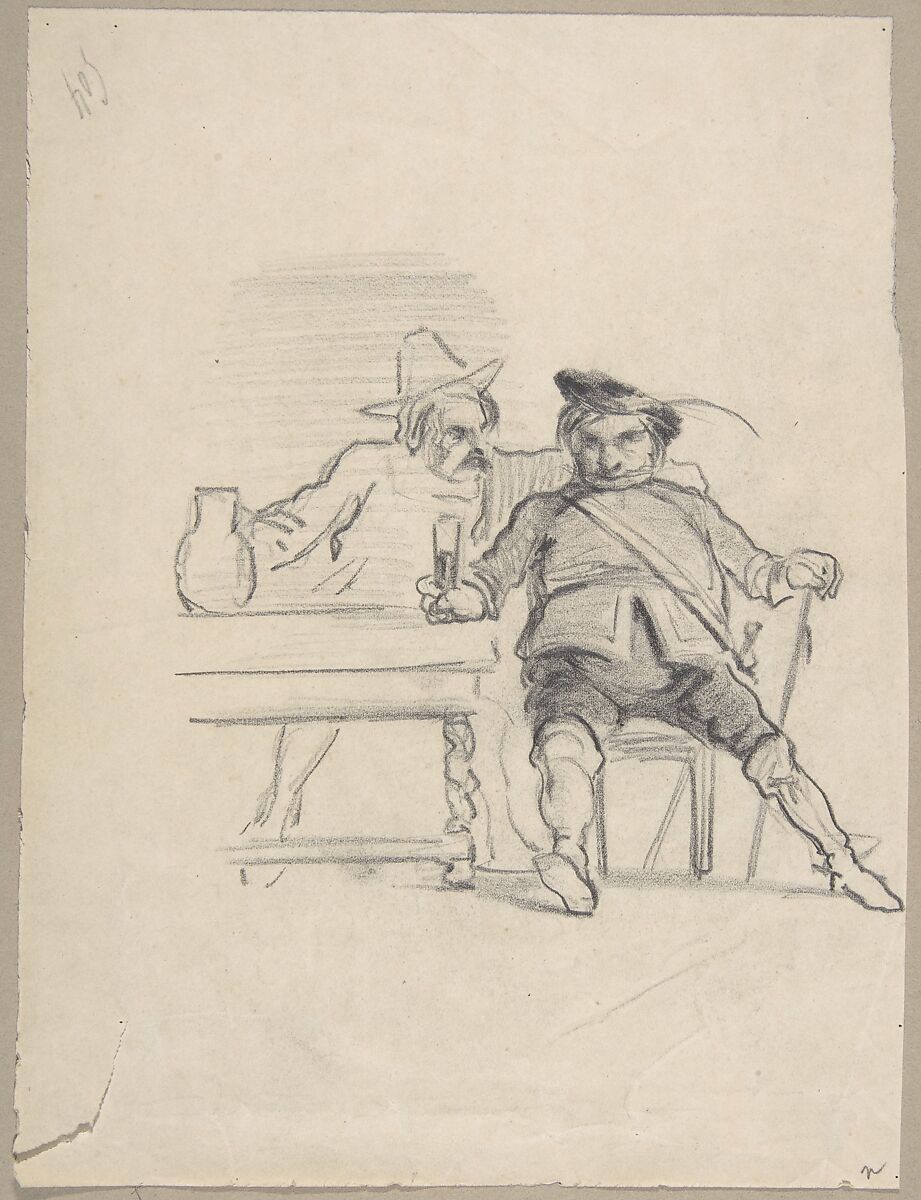 Two male figures seated at a table, drinking, Félicien Rops (Belgian, Namur 1833–1898 Essonnes), Graphite 