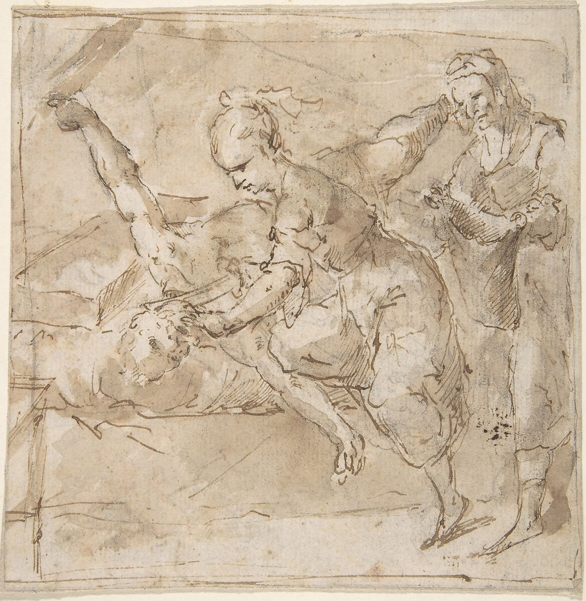 Judith Slaying Holofernes, with Old Woman Servant, Anonymous, Spanish, School of Seville, 17th century, Pen and brown ink with brush and brown wash over black chalk underdrawing.  On off-white paper 