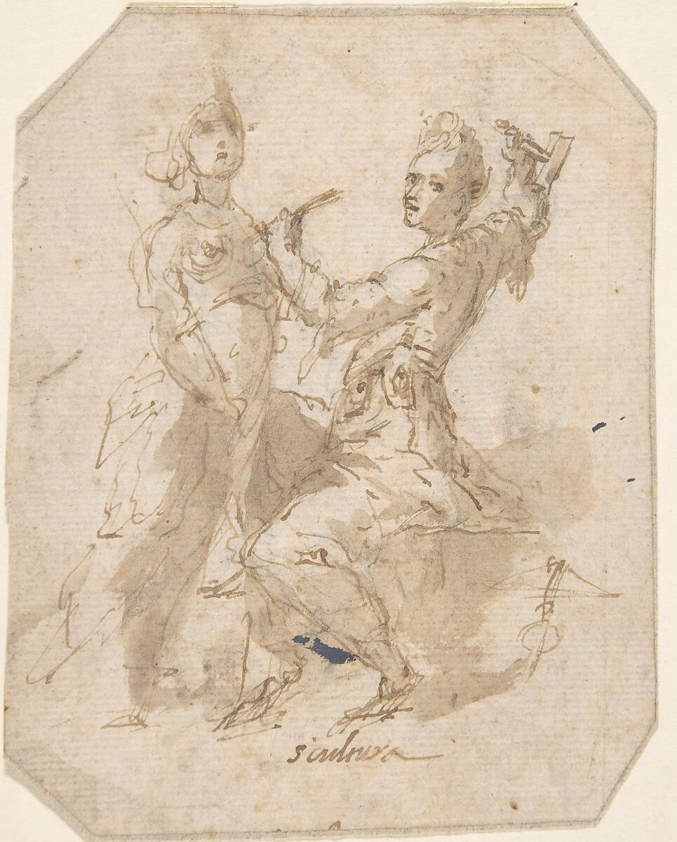Pygmalion and Galatea, Anonymous, Spanish, School of Seville, 17th century, Pen and light brown ink with brush and brown wash over black chalk underdrawing.  On off-white paper 