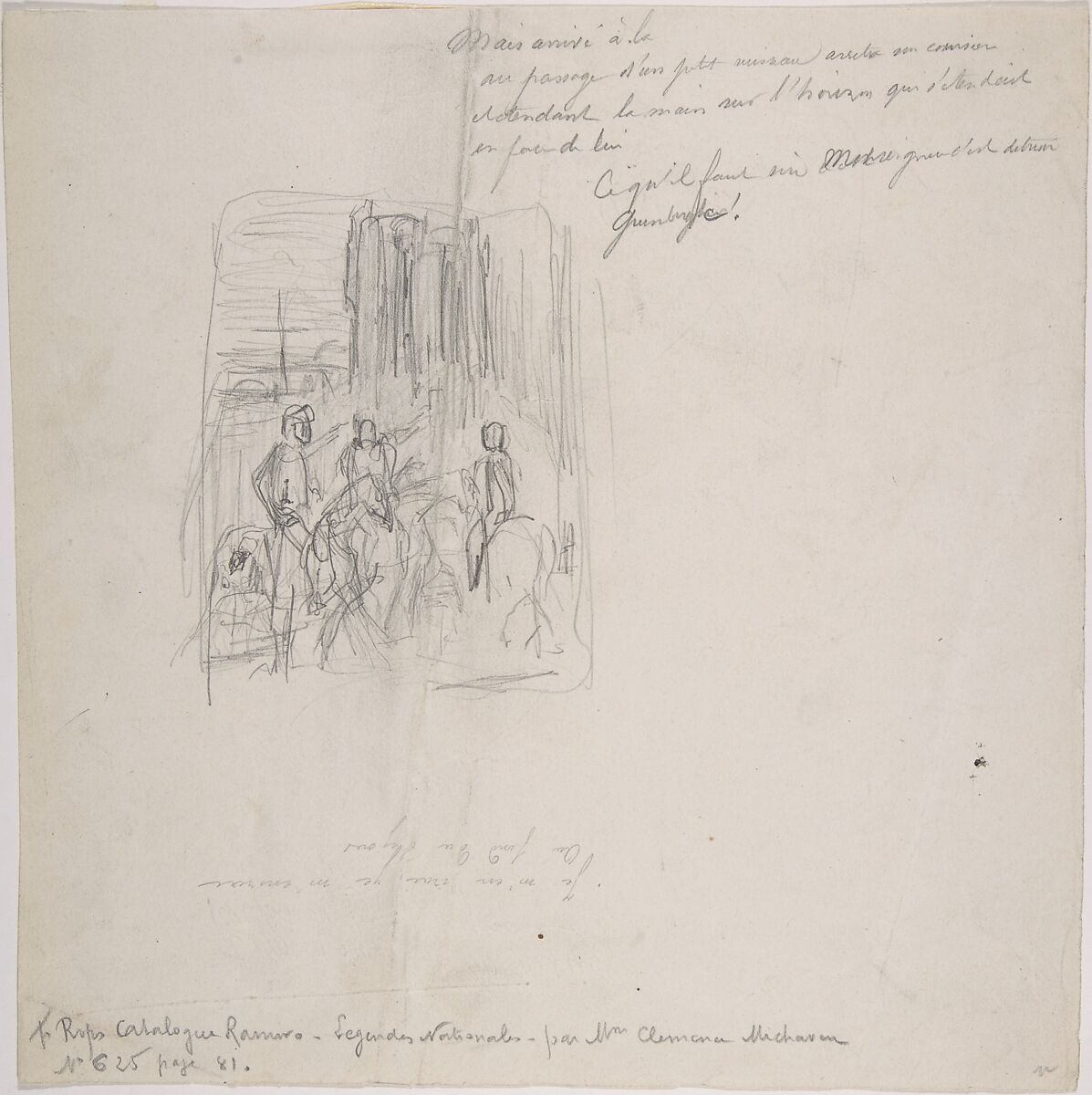 Three figures on horseback with indications at right, Félicien Rops (Belgian, Namur 1833–1898 Essonnes), Graphite 