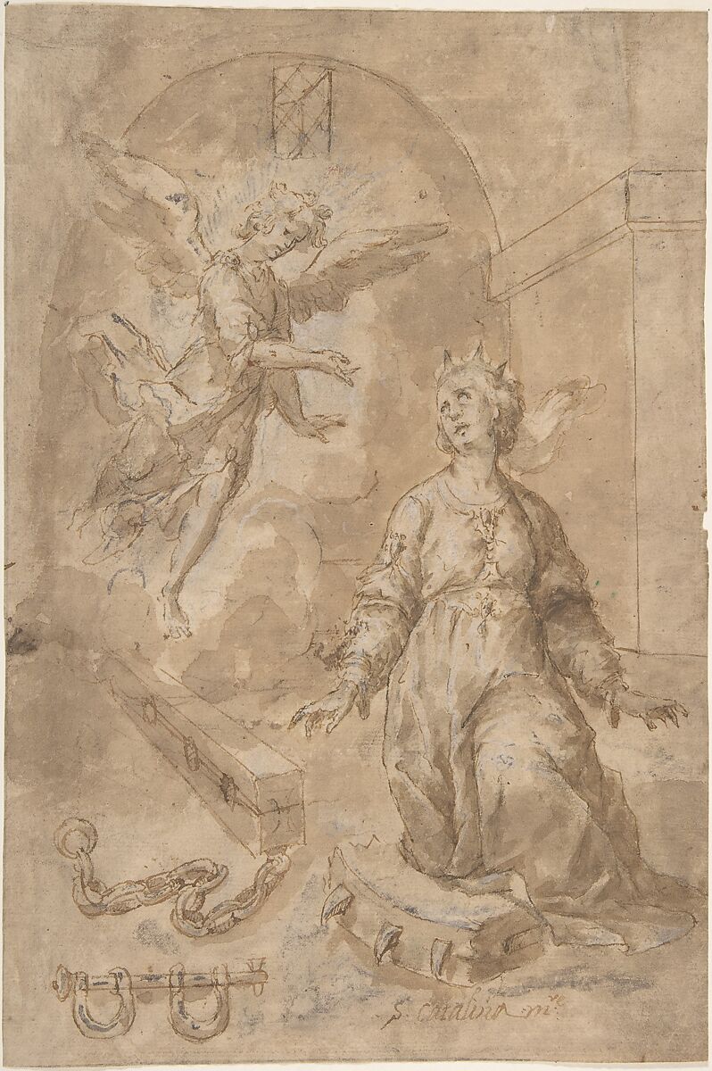 An Angel Appearing to Saint Catherine of Alexandria in Prison (recto); Volute (verso), Anonymous, Spanish, School of Seville, 17th century, Pen and brown ink with brush and brown wash, highlighted with white gouache (now mostly oxidized) over traces of black chalk (recto). Composition outlined with graphite.  On light beige paper.  Red chalk (verso) 