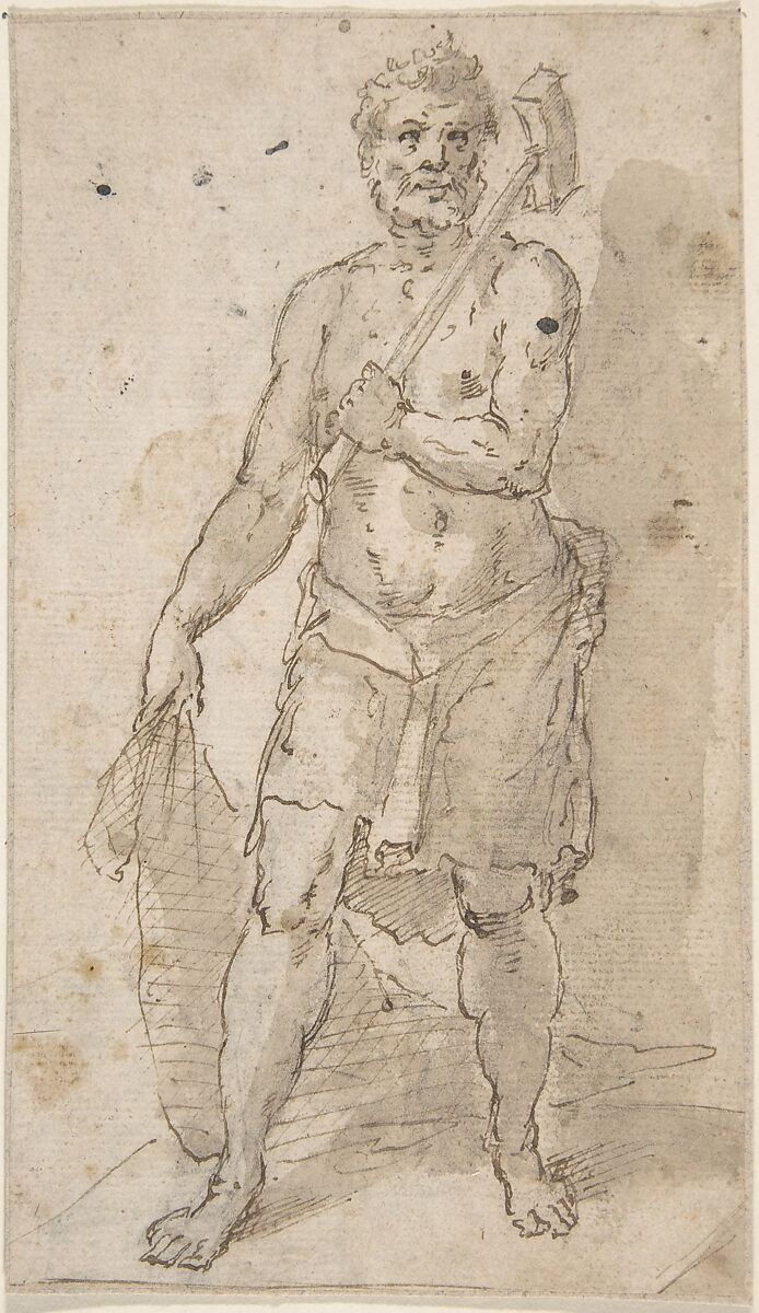 Standing Figure of a Man (Fisherman?), Anonymous, Spanish, School of Seville, 17th century, Pen and dark brown ink with brush and wash over black chalk underdrawing.  On off-white paper 